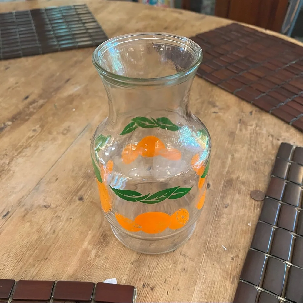 Orange Juice Glass Pitcher VTG 70’s Carafe Kitchen Kitschy Collectible